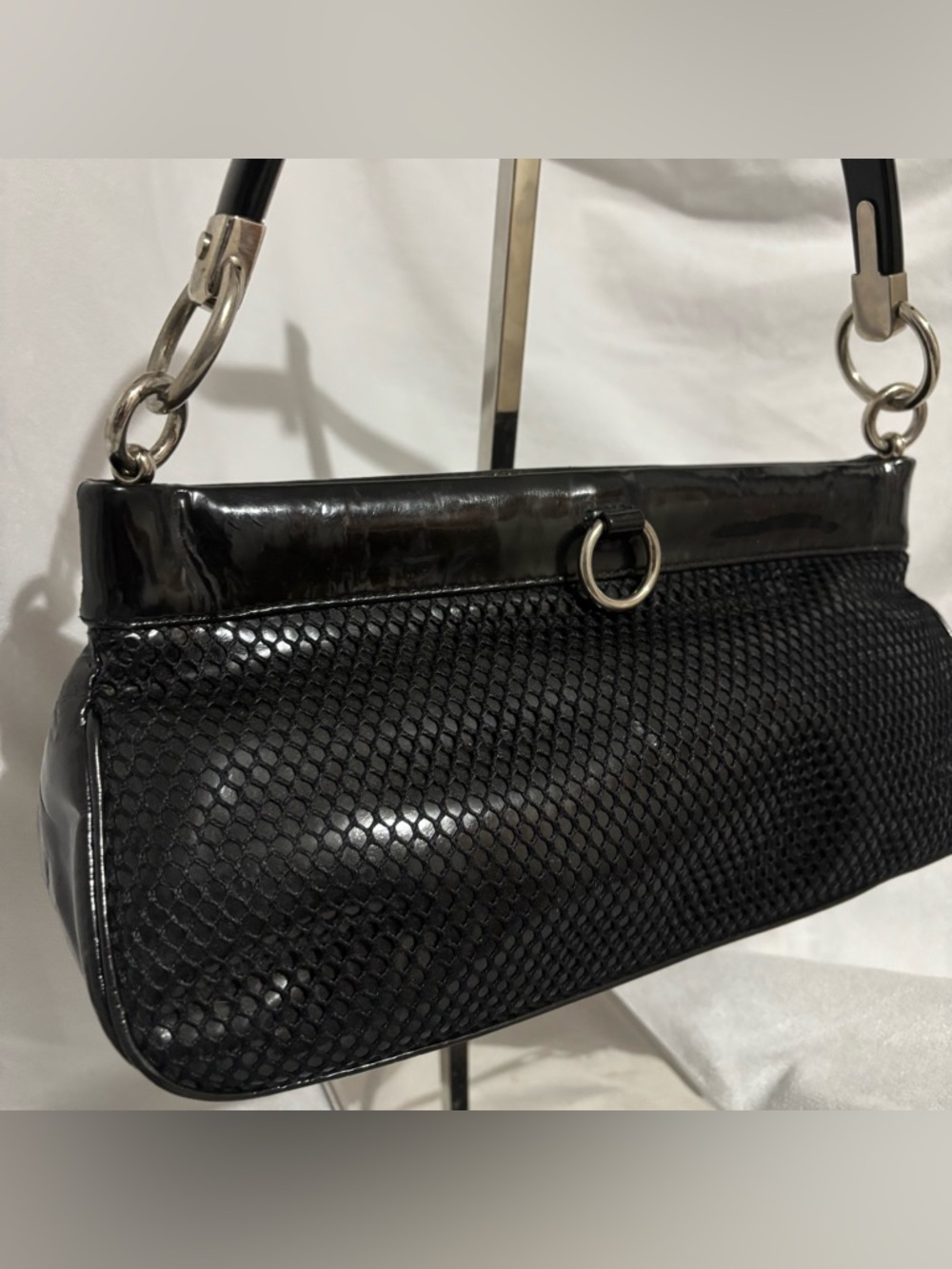 Sergio Rossi Vintage 90s Black Mesh Baguette Hobo Bag Silver O-Ring Detail - Picture 6 of 14